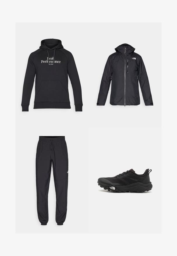 Mustmustega jope kapuutsi ja täispika tõmbluku ning silmaga voodriga. Rindkerel logo ja reguleeritavad mansetid. Üksjuhuline disain.; Mustaline kapuuts, mis on valmistatud pehmest kangast, omab siga taskut, soonikkoes mansette ja valget teksti "Real Performance" koos all "est. 1986".; Mustavad sportlikud püksid, mis on valmistatud kergest kangast, joonlauaga taljest, küljetaskudega ja kitsenevate varrukatega pahkluude juures.; Must tume jooksujalats musta värvi, tekstuurse ülemise osaga, kummist tallaga ja tugevdatud varbaga. Omab pehmendusega krae ja tõmblinti mugavaks selga panemiseks.