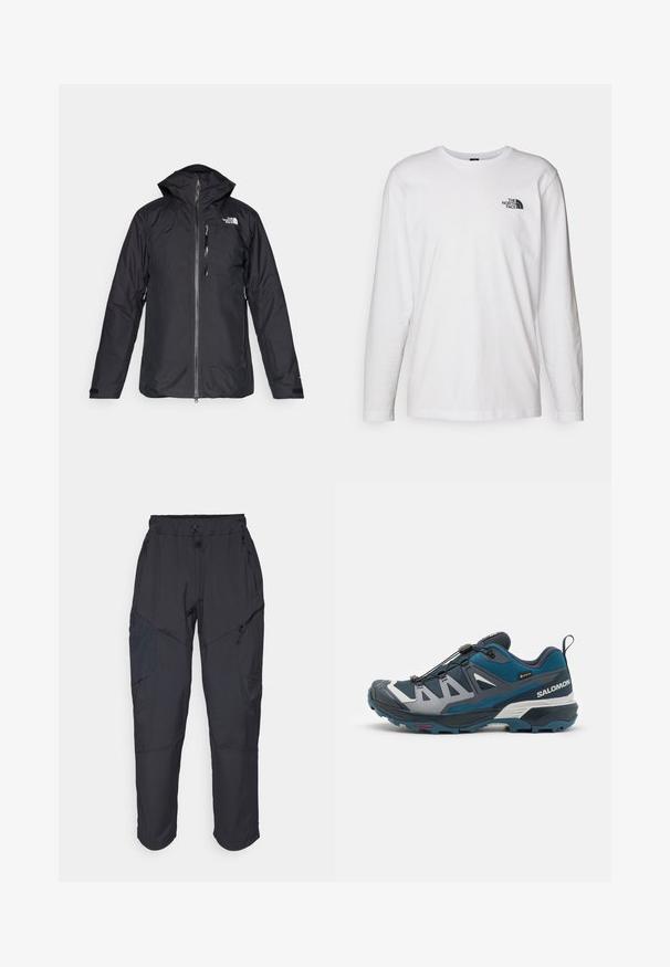 Sort vandtæt jakke med hætte, fuld længde lynlås og meshfor. Har logo på brystet og justerbare manchetter. Enkel design.; Hvid langærmet T-shirt lavet af bomuld med rund hals. Har et lille sort logo på brystet. Glat tekstur, almindelig pasform.; Sorte cargo bukser lavet af et let, vandafvisende materiale; har elastisk talje, flere lynlåslommer og tætsiddende ben.; Trail løbesko med en mørkeblå og teal farveskema, mesh overdel, grå detaljer, sikret snøresystem og robust sål.