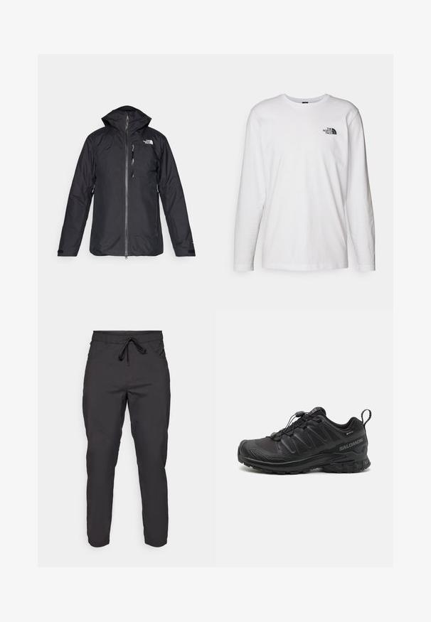 Svart vattentät jacka med huva, hel dragkedja och nätfoder. Har logotyp på bröstet och justerbara muddar. Enkelt design.; Vit långärmad T-shirt i bomull med rund halsringning. Har en liten svart logotyp på bröstet. Slät textur, normal passform.; Svarta byxor med elastisk midjeband och justerbar dragsko. Har sidfickor och tapered ben, tillverkade av ett lättviktigt tyg.; Svart sportskor med en strukturerad syntetöverdel, dämpad sula och ett snabbsnörningssystem. Har förstärkt tå och hälen.