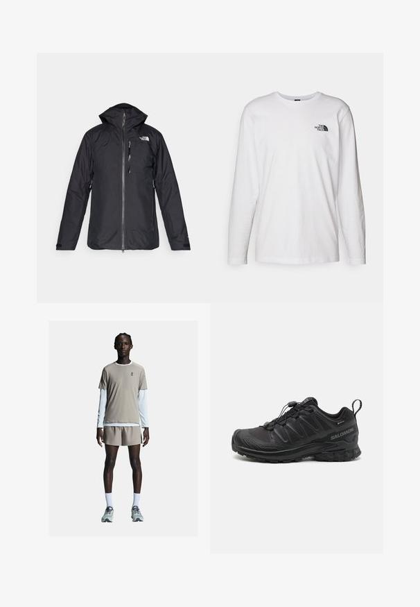 Black waterproof jacket with a hood, full-length zipper, and mesh lining. Features logo on the chest and adjustable cuffs. Plain design.; White long-sleeve T-shirt made of cotton with a crew neck. Features a small black logo on the chest. Smooth texture, regular fit.; On PERFORMANCE - Shorts - cinder; Black athletic shoe with a textured synthetic upper, cushioned sole, and a quick-lacing system. Features a reinforced toe and heel.