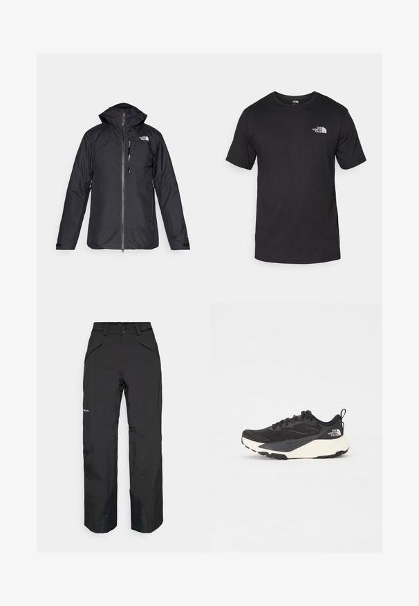 Black waterproof jacket with a hood, full-length zipper, and mesh lining. Features logo on the chest and adjustable cuffs. Plain design.; Black short-sleeve t-shirt made of cotton, featuring a round neckline and a small white logo on the upper left chest area.; Black waterproof pants with a straight cut, featuring zipped pockets, reinforced hem accents, and a smooth textured finish.; Black athletic shoe with textured mesh upper, solid black accents, and white lightweight outsole. Features lace-up closure and pull tab.