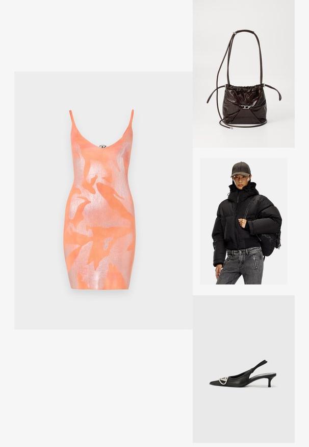 Fekete steppelt dzseki magas gallérral, cipzáras záródással és rugalmas mandzsettákkal; szürke farmernadrággal és texturált fekete hátizsákkal párosítva.; Kötött testhezálló ruha narancssárga színben, csillogó felülettel. Vékony pántokkal, mély V-nyakkivágással és levélmintával rendelkezik. Az anyag sima tapintású.; Fekete bőr slingback cipő, hegyes orral, ezüst logo díszítéssel és kis sarokkal. Simább textúra és minimalista dizájn jellemzi.; Sötétbarna fényes bőr válltáska gyűrt felső résszel és vékony, állítható pánttal, elöl kis ezüst színű kapoccsal.