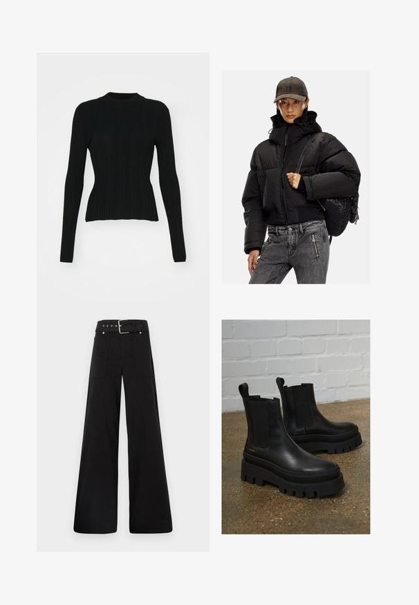 Schwarze gepolsterte Jacke mit hohem Kragen, Reißverschluss und elastischen Bündchen; kombiniert mit grauen Denim-Hosen und einem strukturierten schwarzen Rucksack.; Schwarzer gerippter Pullover mit langen Ärmeln, hohem Kragen und taillierter Silhouette. Das Material scheint dehnbar und hat vertikale Streifen. Kürzere Schnittführung am Saum.; Schwarze weitgeschnittene Hose aus Baumwolle, mit hoher Taille, großen Seitentaschen und einem taillierten Bund mit silbernen Hardware-Akzenten.; Schwarze Lederstiefeletten mit elastischen Seitenteilen, dicke schwarze Plateausohlen und gestickte Details, ausgestattet mit einer Zuglasche für einfaches Anziehen.