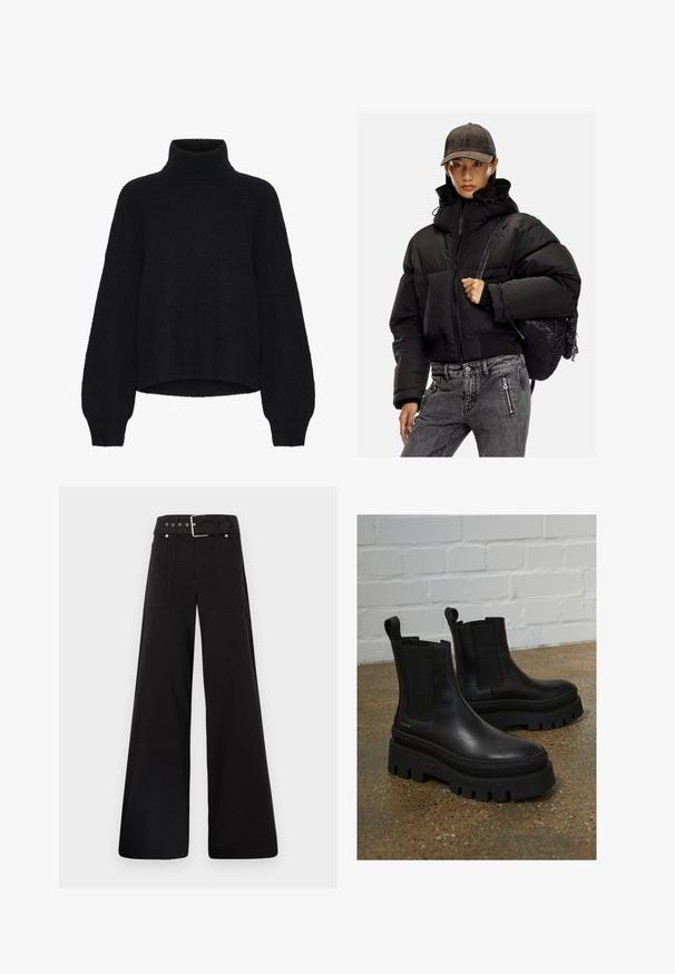 Schwarze gepolsterte Jacke mit hohem Kragen, Reißverschluss und elastischen Bündchen; kombiniert mit grauen Denim-Hosen und einem strukturierten schwarzen Rucksack.; Schwarzer Rollkragenpullover mit einem verkürzten Design, aus flauschigem Material gefertigt. Mit weiten Ärmeln und einer gerippten Textur am Kragen.; Schwarze weitgeschnittene Hose aus Baumwolle, mit hoher Taille, großen Seitentaschen und einem taillierten Bund mit silbernen Hardware-Akzenten.; Schwarze Lederstiefeletten mit elastischen Seitenteilen, dicke schwarze Plateausohlen und gestickte Details, ausgestattet mit einer Zuglasche für einfaches Anziehen.