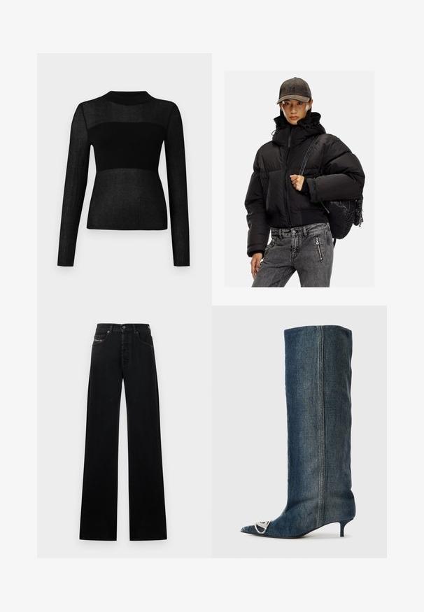 Juodas pūkuotas švarkas su aukštu apykakle, užtrauktuku ir elastingomis rankovėmis; derinamas su pilkais džinsiniais keliais ir tekstūruotu juodu kuprine.; Juodas ilgomis rankovėmis viršus, pagamintas iš stačiakampio tekstūruoto audinio. Savinasi aukštą apykaklę ir pusiau permatomą detalę per krūtinę ir rankoves.; Įvairaus pločio juodi džinsai iš džinso audinio, su priekiniais mygtukais, penkiomis kišenėmis ir mažu logotipo lopeliu ant liemens.; Džinsiniai ilgi batai iki kelių su smailiu pirštu, sidabro spalvos apdaila, plonu mažam padų aukščio kulnu ir lygiu, tekstūruotu paviršiumi.