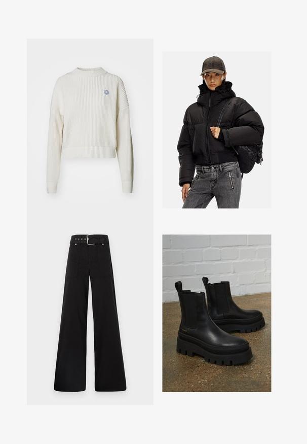 Sort polstret jakke med høj krave, lynlås-lukning og elastiske manchetter; parret med grå denim bukser og en struktureret sort rygsæk.; Hvid ribstrikket sweater med høj krave og sænkede skuldre. Har et lille blåt smiley-logo på brystet. Korte design.; Sorte brede bukser lavet af bomuld, med høj talje, store sidelommer og en bæltestrop med sølvfarvede detaljer.; Sort læder ankelstøvler med elastiske sidepaneler, tykke sorte platformssåler og syninger, der har en løftesanordning for nem påtagning.