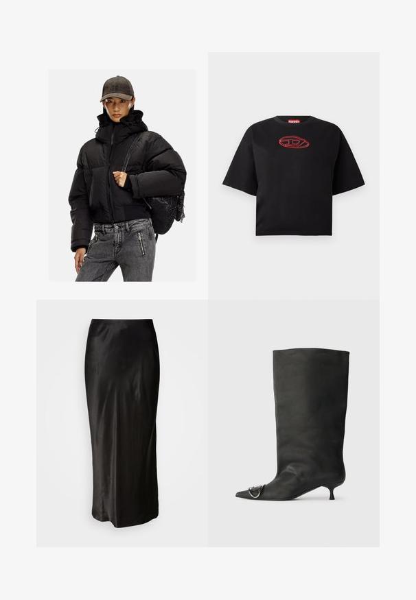 Juodas pūkuotas švarkas su aukštu apykakle, užtrauktuku ir elastingomis rankovėmis; derinamas su pilkais džinsiniais keliais ir tekstūruotu juodu kuprine.; Juodas trumpas rankovėmis apkirptas marškinėliai su raudonu siuvinėtu ovaliu logotipu, esančiu centriniame krūtinės plote.; Juodas satininis sijonas su lygaus paviršiaus tekstūra. Grindims siekiantis dizainas su prigludusia talija ir nedideliu išsiplėtimu apatinėje dalyje. Nėra matomų raštų ar metalinių detalių.; Juodas odinis kulkšninis batas su smailiu pirštu, maža pakulne ir metaline akcentu ant piršto. Lygus, matinio paviršiaus tekstūra visame batus.