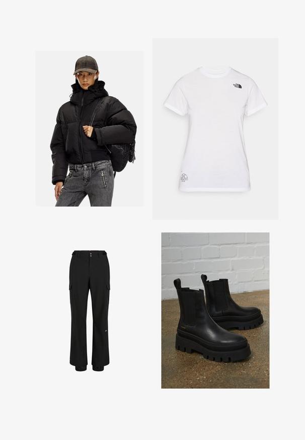 Must must vest, mille kraega, tõmblukuga ja elastsete mansettidega; kombineeritud hallide denimipükste ja tekstuuri musta seljakotiga.; Valge puuvillane T-särk, millel on must logo vasakul rinnal ja hall graafiline disain alumises paremas nurgas. Klassikaline ümar kaelus ja lühikesed varrukad.; Mustad musta värvi cargo püksid, mis on valmistatud kergest kangast; omavad kahte esimest taskut, kahte külgset cargo taskut ja elastseid mansette pahkluude juures.; Mustad mustad nahast ankle bootid elastsete külgpanelidega, paksude mustade platvormitaldadega ja tikandite detailidega, millel on mugavaks selgapanekuks tõmbevise.