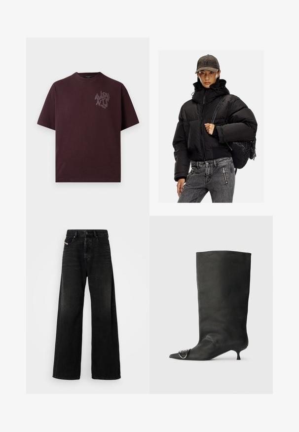 Chaqueta acolchada negra con cuello alto, cierre de cremallera y puños elásticos; combinada con pantalones de mezclilla gris y una mochila negra texturizada.; Camiseta de algodón burdeos con mangas cortas, cuello redondo y un logo gráfico sutil en un tono más oscuro en el lado izquierdo del pecho.; Jeans de denim negro de pierna ancha con cintura alta, que cuentan con un cierre de botón, bolsillos delanteros y una textura desgastada.; Bota de cuero negra hasta el tobillo con punta afilada, tacón pequeño y detalle metálico en la punta. Textura suave y mate en toda la superficie.