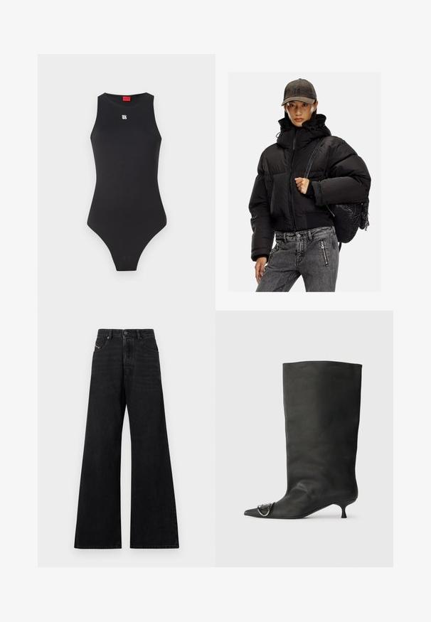 Black padded jacket with a high collar, zip closure, and elastic cuffs; paired with gray denim pants and a textured black backpack.; Black bodysuit with a sleeveless design, made of smooth material. Features a small white logo on the chest and a high-cut leg opening.; Black wide-leg jeans, crafted from denim, featuring a high waist, five-pocket design, and subtle stitching detail on the front.; Black leather ankle boot with a pointed toe, small heel, and metallic accent detail on the toe. Smooth, matte texture throughout.