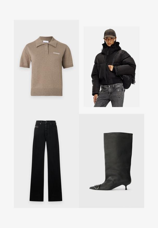 Juodas pūkuotas švarkas su aukštu apykakle, užtrauktuku ir elastingomis rankovėmis; derinamas su pilkais džinsiniais keliais ir tekstūruotu juodu kuprine.; Trumparankovė megzta polo marškinėliai šviesiai rudos spalvos, su rifliuota apykakle, trijų mygtukų užsegimu ir išsiuvinėta logotipų ant krūtinės.; Įvairaus pločio juodi džinsai iš džinso audinio, su priekiniais mygtukais, penkiomis kišenėmis ir mažu logotipo lopeliu ant liemens.; Juodas odinis kulkšninis batas su smailiu pirštu, maža pakulne ir metaline akcentu ant piršto. Lygus, matinio paviršiaus tekstūra visame batus.