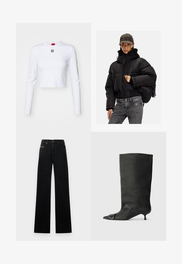 Chaqueta acolchada negra con cuello alto, cierre de cremallera y puños elásticos; combinada con pantalones de mezclilla gris y una mochila negra texturizada.; Top corto de manga larga blanco, hecho de algodón, con cuello redondo y un pequeño logo negro "HUGO" en el pecho. Textura suave con un diseño ajustado.; Jeans negros de pierna ancha hechos de mezclilla, con cierre frontal de botones, cinco bolsillos y un pequeño parche con el logo en la cintura.; Bota de cuero negra hasta el tobillo con punta afilada, tacón pequeño y detalle metálico en la punta. Textura suave y mate en toda la superficie.