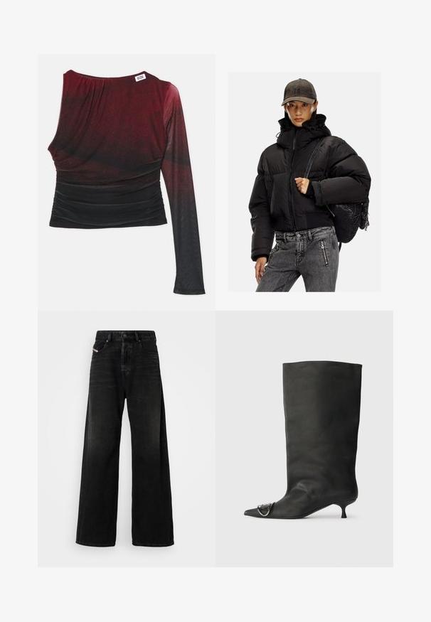 Zwarte gewatteerde jas met een hoge kraag, ritssluiting en elastische manchetten; gecombineerd met grijze denim broek en een gestructureerde zwarte rugzak.; Rood en zwart langmouwtop met een fitted silhouet, geraffineerde details en een ronde halslijn. Gladde stof met een ombre-effect.; Wijde zwarte denim jeans met een hoge taille, voorzien van een knoopsluiting, voorzakken en een vervaagde textuur.; Zwarte leren enkelboot met een spitse neus, een kleine hak en metalen accentdetails op de neus. Gladde, matte textuur overal.