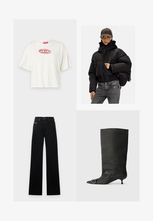 Sort polstret jakke med høj krave, lynlås-lukning og elastiske manchetter; parret med grå denim bukser og en struktureret sort rygsæk.; Hvid cropped t-shirt lavet af bomuld, med rund halsudskæring og korte ærmer. Rød broderet logo centreret på brystet.; Sorte, vide jeans i denim med knaplukning foran, fem lommer og et lille logopatch på linningen.; Sort læder ankelstøvle med spidse tå, lille hæl og metallisk detalje på tæerne. Glat, mat overflade hele vejen igennem.