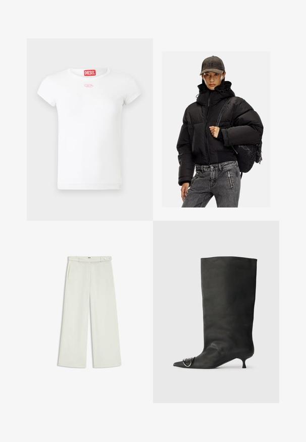 Mustat pehmustetut takit, joissa on korkea kaulus, vetoketju ja joustavat hihansuut; yhdistetty harmaisiin farkkuihin ja teksturoituun mustaan reppuun.; Valkoinen lyhythihaisista Diesel-naisten t-paita, jossa on punainen logotagi kauluksessa ja pieni vaaleanpunainen brodeerattu emblem kaulan alla.; Housut leveillä lahkeilla vaalean kermaisessa kankaassa, jossa on sivutaskut, litteä etuosa ja yksi nappikiinnitys vyötäröllä. Silkkinen pinta.; Musta nahkainen nilkkabootsi, jossa on terävä kärki, pieni korko ja metallinen korostus kärjessä. Pehmeä, mattapintainen rakenne kauttaaltaan.