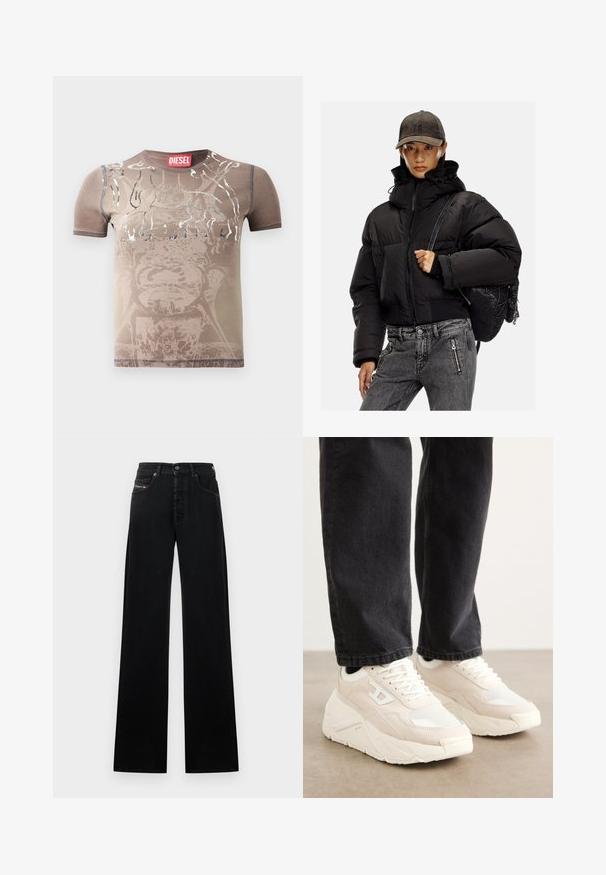 Zwarte gewatteerde jas met een hoge kraag, ritssluiting en elastische manchetten; gecombineerd met grijze denim broek en een gestructureerde zwarte rugzak.; Bruine t-shirt met korte mouwen en een vervaagd grafisch ontwerp met zilveren accenten. Heeft een ronde halslijn en contrasterende stiksels. Merkenlabel zichtbaar.; Zwarte wijde spijkerbroek gemaakt van denim, met een sluiting met knopen aan de voorkant, vijf zakken en een klein logoplaatje op de tailleband.; Beige sneakers met een textiel bovenkant en een witte rubberen zool. Heeft een minimalistisch ontwerp en een subtiele logo-detail aan de zijkant.