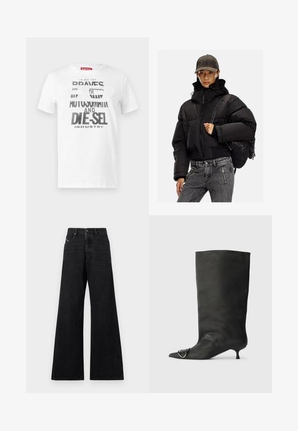 Černá prošívaná bunda s vysokým límcem, zipovým zapínáním a elastickými manžetami; spárovaná se šedými džínovými kalhotami a texturovaným černým batohem.; Bílé bavlněné tričko s černým tučným textem "DIE-SEL" a "AUTOMAT". Design s kulatým výstřihem a krátkými rukávy. Hladký povrch.; Černé džíny s širokými nohavicemi, vyrobené z denimu, s vysokým pasem, designem s pěti kapsami a jemným šitím vpředu.; Černá kožená kotníková bota s špičatou špičkou, malým podpatkem a kovovým akcentem na špičce. Hladký, matný povrch po celém obvodu.