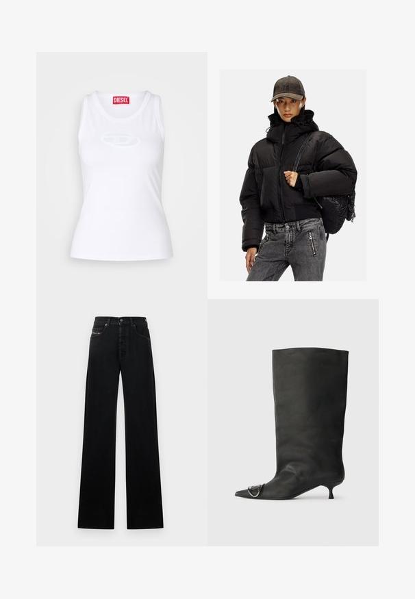Black padded jacket with a high collar, zip closure, and elastic cuffs; paired with gray denim pants and a textured black backpack.; White tank top made of soft fabric featuring a round neckline, fitted shape, and an embossed Diesel logo at the center.; Black wide-leg jeans made of denim, featuring a front button closure, five pockets, and a small logo patch on the waistband.; Black leather ankle boot with a pointed toe, small heel, and metallic accent detail on the toe. Smooth, matte texture throughout.