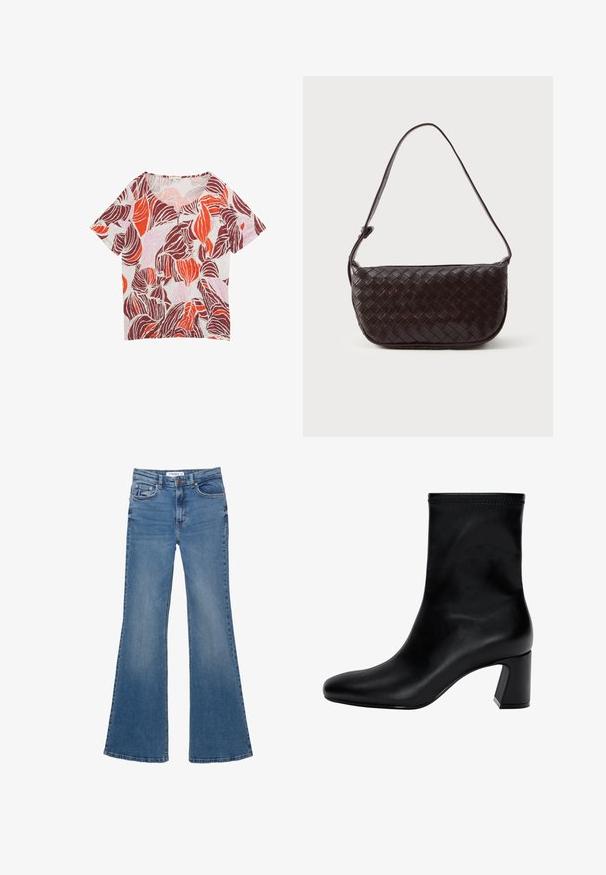 Veste en daim marron avec un col, fermeture à boutons et deux poches poitrine. Elle présente un design court et une texture lisse.; Pull en V à manches longues de couleur brun clair avec une texture en maille uni et une petite étiquette de marque au niveau de l'encolure.; T-shirt à manches courtes et col en V en tissu léger. Présente un motif de feuilles audacieux en rouge, bordeaux et rose sur un fond clair.; Jean en denim bleu évasés avec poches avant et arrière, passants de ceinture et fermeture à bouton, étalés à plat sur un fond blanc.; Botte noire à la cheville en cuir lisse. Possède un bout carré, un haut élastiqué et un talon épais pour la stabilité. Design minimaliste.; Sac à épaule en cuir tissé marron foncé avec une forme courbée, une bandoulière réglable et une finition lisse. Design compact sans matériel visible.