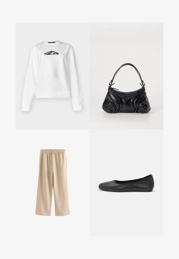 Brown suede jacket with a collar, button front, and two chest pockets. Features a cropped design and smooth texture.; White sweatshirt featuring a round neck and long sleeves. Black graphic text on the chest. Soft fabric with a slightly cropped fit.; Cream-colored wide-leg pants made of soft cotton blend fabric. Features an elastic waistband with drawstring and subtle speckled texture.; Black leather ballet flat with a rounded toe, smooth texture, minimal stitching detail, and a flexible sole design.; Black handbag made of textured leather with a rounded shape. Features a thin shoulder strap and decorative embossed patterns.