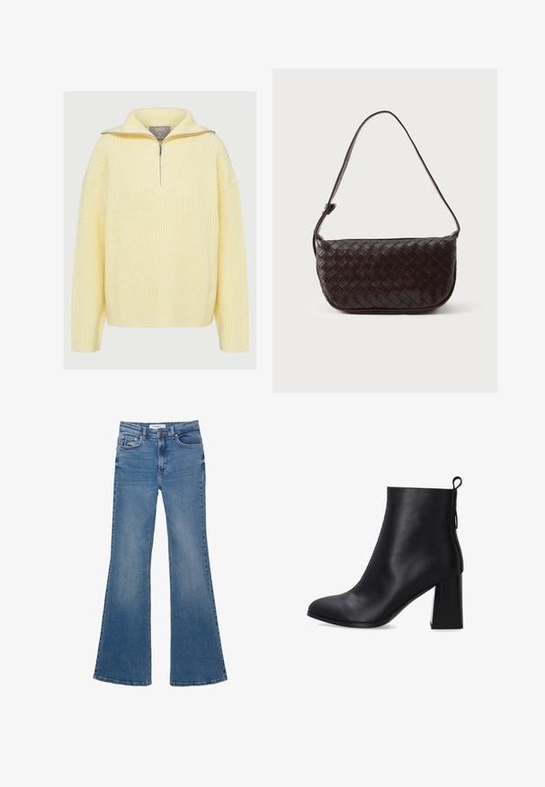 Hnědá semišová bunda s límcem, zapínáním na knoflíky a dvěma náprsními kapsami. Má krátký střih a hladkou texturu.; V pleteném svetru v měkké žluté barvě, se zapínáním na půl zip, širokým límcem a žebrovanou strukturou. Volný střih s dlouhými rukávy.; Modré džínové kalhoty s rozšířenými nohavicemi, předními a zadními kapsami, poutky na opasek a zapínáním na knoflík, ležící na bílém pozadí.; Černá kožená kotníková bota s hladkou texturou, kulatou špičkou a blokovým podpatkem. Vybavena poutkem na zadní straně pro snadné obouvání.; Tkaná kožená taška přes rameno ve tmavě hnědé barvě s prohnutým tvarem, nastavitelným popruhem a hladkým povrchem. Kompaktní design bez viditelného kování.
