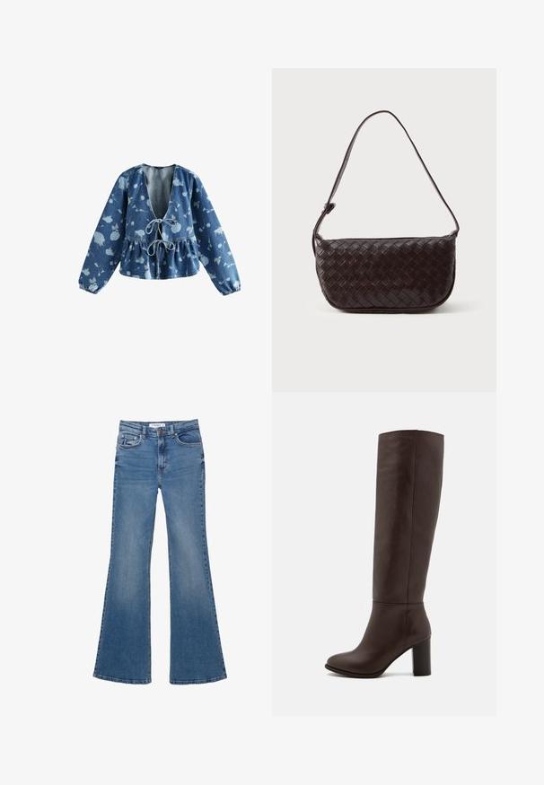 Brun ruskindjakke med krave, knaplukning foran og to brystlommer. Har et cropped design og en glat tekstur.; Denimbluse med dyb V-udskæring og snoreholdt front, med peplum talje og blomstermønster i lyseblå på en mørkeblå baggrund.; Blå denim flare jeans med front- og baglommer, bæltestropper og knaplukning, liggende fladt på en hvid baggrund.; Brun læderknæhøj støvle med en blokhæl, glat tekstur, rund tå og minimale syninger.; Vævet læder skuldertaske i mørkebrun med en buet form, justerbar rem og en glat finish. Kompakt design uden synligt hardware.