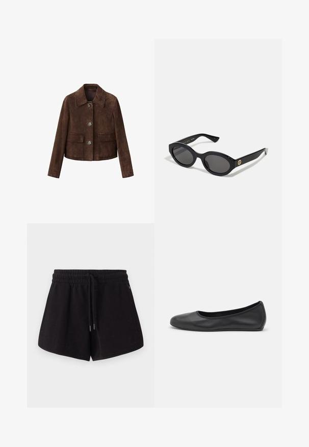 Brun ruskindjakke med krave, knaplukning foran og to brystlommer. Har et cropped design og en glat tekstur.; Hvid bomuld t-shirt med korte ærmer og rund halsudskæring. Har en afslappet pasform og et minimalistisk design uden mønstre eller accenter.; Sorte sportshorts lavet af blødt stof. Har en elastisk talje med snor, sidelommer og en afslappet pasform.; Sort læderballetsko med rund tå, glat tekstur, minimal syning og et fleksibelt såldesign.; Sorte ovale solbriller med mørke linser og blank plastramme. Har et guldlogo på stykket, hvilket giver et slankt og moderne design.; Sort håndtaske lavet af tekstureret læder med en rund form. Har en tynd skulderrem og dekorative præget mønstre.