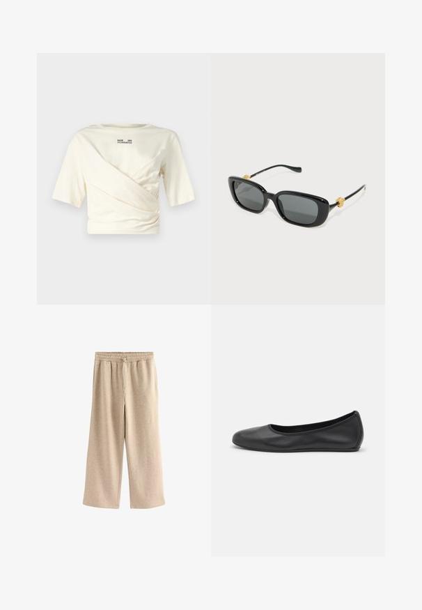 Hnědá semišová bunda s límcem, zapínáním na knoflíky a dvěma náprsními kapsami. Má krátký střih a hladkou texturu.; Krémový top s krátkým rukávem a volným designem, se zaobleným výstřihem a viditelným černým logem na zadní straně. Měkká textilní struktura.; Krémové kalhoty s širokým střihem vyrobené z měkké bavlněné směsi. Mají elastický pas se šňůrkou a jemnou tečkovanou texturu.; Černé kožené baletní byty s kulatou špičkou, hladkou texturou, minimálními švy a flexibilním designem podrážky.; Černé obdélníkové sluneční brýle se šedými čočkami a zlatými akcenty ve tvaru lví hlavy na stranách. Hladký plastový rám, elegantní design.; Černá kabelka vyrobená z texturované kůže s kulatým tvarem. Obsahuje tenký ramenní popruh a dekorativní reliéfní vzory.