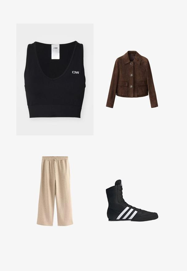 Hnědá semišová bunda s límcem, zapínáním na knoflíky a dvěma náprsními kapsami. Má krátký střih a hladkou texturu.; Černý žebrovaný sportovní podprsenka s výstřihem do V a širokými ramínky. Obsahuje malé bílé logo na levé straně. Měkká, elastická tkanina.; Krémové kalhoty s širokým střihem vyrobené z měkké bavlněné směsi. Mají elastický pas se šňůrkou a jemnou tečkovanou texturu.; Černá vysoká sportovní bota s texturovaným textilním svrškem, který má tři bílé pruhy a šněrování v přední části. Na spodní straně plochá gumová podrážka.