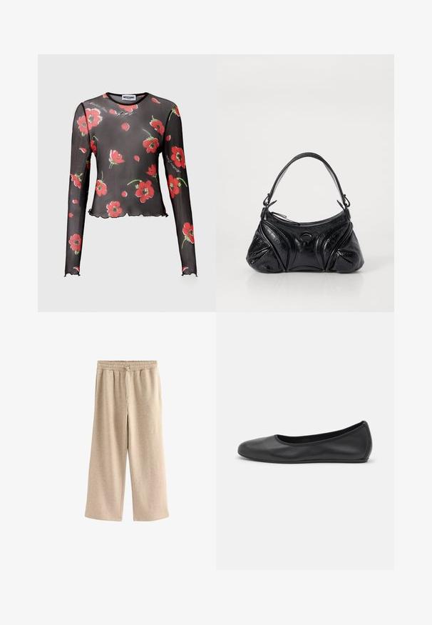 Braune Wildlederjacke mit Kragen, Knopfleiste und zwei Brusttaschen. Verfügt über ein kurzes Design und eine samtige Textur.; Schwarzes, durchscheinendes Longsleeve-Oberteil mit roten Blumenmustern, gewelltem Saum und aufgedrucktem Schriftzug. Hergestellt aus leichtem, transparentem Stoff.; Cremefarbene Schlaghosen aus einem weichen Baumwollmix. Sie verfügen über einen elastischen Bund mit Kordelzug und einer dezenten gesprenkelten Textur.; Schwarze Leder-Ballettschuhe mit abgerundeter Spitze, glatter Textur, minimalen Nähdetails und einem flexiblen Sohlen-Design.; Schwarze Handtasche aus strukturiertem Leder mit runder Form. Verfügt über einen dünnen Schulterriemen und dekorative geprägte Muster.