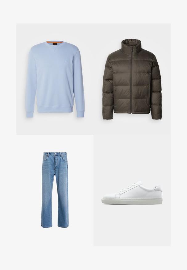 Tume oliivroheline puhvjakattel, millel on kõrge krae, lukuga esiküljel ja õmmeldud sektsioonid. Külgedel on taskud ja rinnal kaubamärgiga silt.; Hea sinine puuvillasegusega dressipluus, millel on ümar kaelus, pikad varrukad ja rinnal väike embosseeritud logo.; Heledad sinine teksapüksid otse lõikega, viie taskuga, nupuga sulgemine, minimaalne kulumine ja kontrastsed õmbluse detailid.; Valge tennisetoss, millel on sile nahk pealis ja madal profiil. Omab ümarat ninaosa, kuut silmust ja tekstuuriga kummist talda.