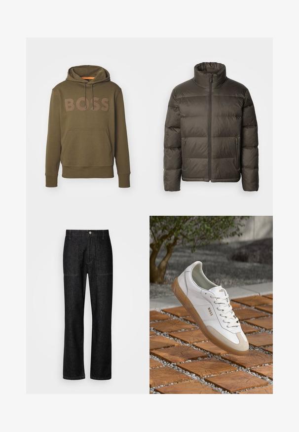 Tmavě olivově zelená péřová bunda s vysokým límcem, zipem vpředu a prošitými sekcemi. Má boční kapsy a značkový štítek na hrudi.; Olivově zelená mikina vyrobená z měkké látky, která má přední klokanku, tkaničky a velké logo "BOSS" v kontrastní barvě.; Černé džínové kalhoty se rovnými nohavicemi, viditelným šitím a předním knoflíkovým uzávěrem. Obsahují dvě boční kapsy a dvě zadní kapsy.; Bílé kožené tenisky s béžovými semišovými detaily, s kulatou špičkou, šněrovacím předním dílem a hnědou gumovou podrážkou, zobrazující jméno značky "BOSS."