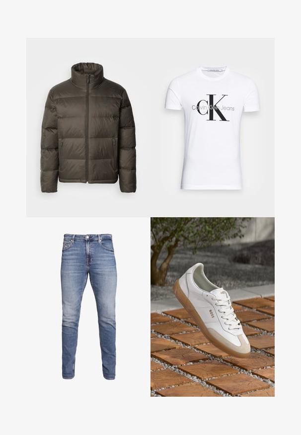 Mørk olivengrønn boblejakke med høy krage, glidelås foran og sydde seksjoner. Har sidelommer og et merketag på brystet.; Hvit bomull T-skjorte med svart "CK" logo og "Calvin Klein Jeans" tekst, korte ermer og klassisk rund hals.; Blå tettsittende jeans med fem lommer, falmet vask, knappelukking og beltehemper, vist mot en hvit bakgrunn.; Hvite lær sneakers med beige semsket detaljer, som har rund tå, snøring foran og tan gummisåle, med merkevarenavnet "BOSS."