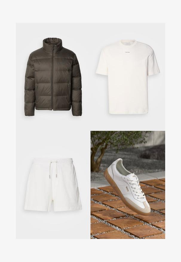 Dunkelolivgrüne Pufferjacke mit hohem Kragen, Reißverschluss vorne und gesteppten Bereichen. Verfügt über Seitentaschen und ein Markenetikett auf der Brust.; Weißes Baumwoll-T-Shirt mit rundem Ausschnitt, kurzen Ärmeln und gesticktem "Calvin Klein"-Logo in der Mitte der Brust. Schlichtes Design.; Weiße, weiche Baumwollshorts mit einem elastischen Bund, verstellbarem Kordelzug und Seitentaschen. Glatte Textur, lockere Passform und mittellange Beine.; Weiße Ledersneaker mit beigen Wildlederakzenten, runder Zehenform, Schnürvorderseite und brauner Gummisohle, die den Markennamen "BOSS" zeigt.