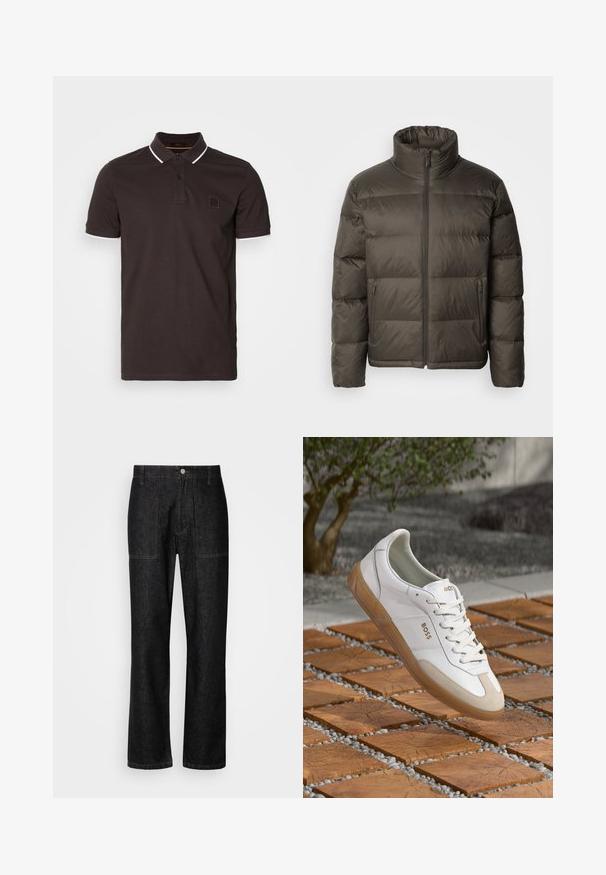 Temno oljčnozeleni puffavy plašč z visokim ovratnikom, zadrgo spredaj in šivanim delom. Ima stranske žepe in označbo blagovne znamke na prsih.; Temno rjava polo majica iz bombaža, s klasičnim ovratnikom, dvema gumboma in belimi poudarki na ovratniku in rokavih. Majhen logo na prsih.; Črne jeans hlače ravnega kroja z vidnim šivom in sprednjim gumbom. Vključujejo dve stranski žepki in dva zadnja žepka.; Bela usnjena tenisačka obutev z bež semišnimi dodatki, zaokroženim nosom, vezanjem na sprednji strani in rjavim gumijastim podplatom, na katerem je prikazano ime blagovne znamke "BOSS."