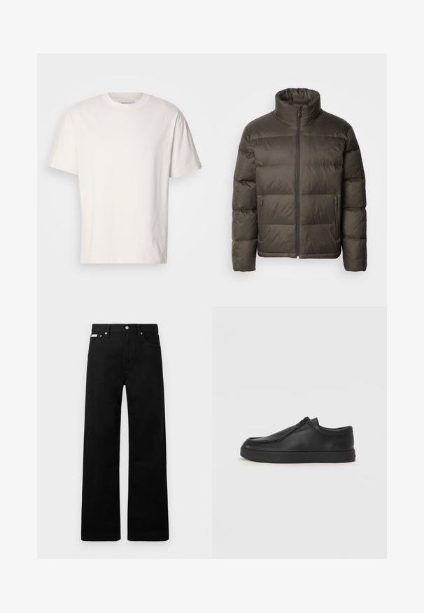 Jachetă puf în verde măsliniu închis, cu guler înalt, fermoar frontal și secțiuni cusute. Dispune de buzunare laterale și un etichete branduit pe piept.; Tricou din bumbac de culoare crem, cu guler rotund. Mâneci scurte și o croială lejeră. Prezintă un mic logo pe guler. Textură netedă.; Pantaloni din denim negri cu un design cu picioare largi, având cinci buzunare și accesorii metalice pentru butoane. Textură netedă, fără modele vizibile.; Pantofii din piele neagră, fără șireturi, cu vârful rotund, detalii cusute și talpă din cauciuc negru. Textură netedă cu un design minimalist.
