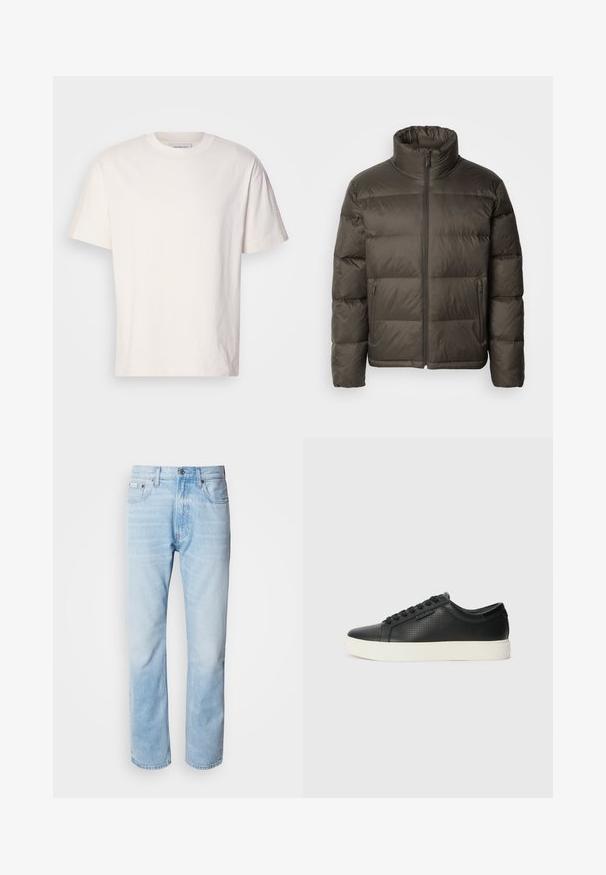 Chaqueta de abrigo de color verde oliva oscuro, con un alto cuello, cierre de cremallera en el frente y secciones cosidas. Presenta bolsillos laterales y una etiqueta de marca en el pecho.; Camiseta de algodón color crema con cuello redondo. Mangas cortas y un corte relajado. Presenta un pequeño logo en el escote. Textura suave.; Vaqueros de mezclilla azul claro con corte recto, con secciones desgastadas, diseño de cinco bolsillos y cierre de botones clásico.; Zapatillas de cuero negro con textura perforada, puntera redonda y suela plana de goma blanca. Presenta cordones negros y un logo sutil en el costado.