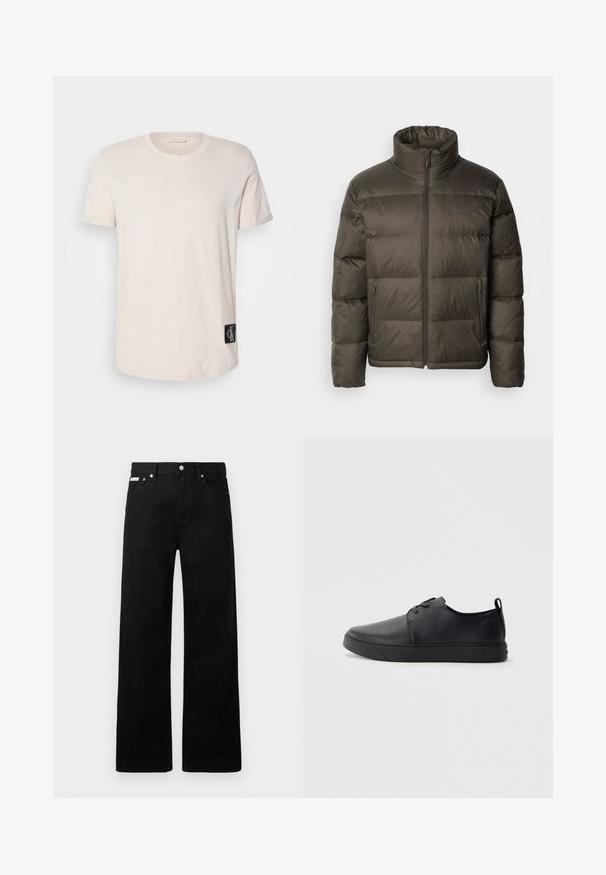 Tamsiai alyvuogių spalvos pūkinis džemperis su aukštu apykakle, užtrauktuku priekyje ir siuvinėtomis sekcijomis. Yra šoninės kišenės ir prekės ženklas ant krūtinės.; Šviesiai smėlinis medvilninis marškinėliai su klasikiniu apvaliu kaklu, trumpomis rankovėmis ir juodu logotipu kairiajame apatine kampe.; Juodos džinsinės kelnės su plačiu kojų dizainu, turinčios penkias kišenes ir metalinius sagčių akcentus. Lygus paviršius, be matomų raštų.; Juodos odinės sportinės bateliai su lygiu paviršium, suapvalinta nosimi, toniniais siūlais, raištelių užsegimu priekyje ir plokščiu guminiu padu. Kilpelė ant kulno.