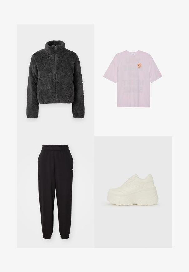 Svart pösig zip-up-jacka med hög krage och kviltade hjärt-mönster på framsidan och ärmarna.; Even&Odd T-shirt med print - lavander fog; Svarta sweatpants i mjukt tyg, med ribbad midja och mudd vid anklarna. Inkluderar en liten logotypaccent på sidan.; Vita plattformssneakers med en slät läderliknande överdel, rundad form, vadderad krage och texturerad gummisula med definierade mönster.