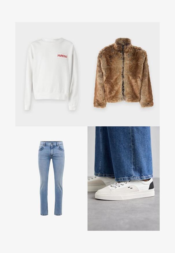 Giacca in finta pelliccia marrone con colletto alto, chiusura frontale con zip e maniche lunghe. Superficie testurizzata con una leggera lucentezza.; Felpa bianca con etichetta ricamata rossa "MARNI" sul lato sinistro del petto, con polsini e orlo a costine per una vestibilità aderente. Tessuto morbido.; Jeans in denim blu chiaro con vestibilità slim, cinque tasche e design a gamba dritta. Presenta un'apertura con zip e passanti per cintura. Texture morbida.; Sneaker bianche e nere con parte superiore in pelle liscia, dettagli testurizzati e suola bianca spessa. Presentano un classico design con lacci.