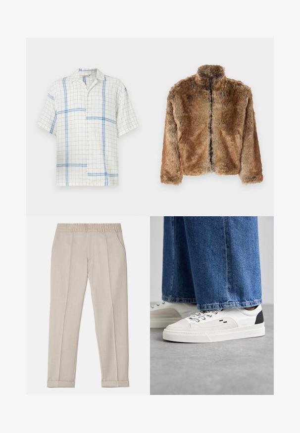 Barna műszőrméből készült dzseki magas gallérral, teljes cipzárral az elején és hosszú ujjakkal. Textúrált felület, amely lágy fényességgel rendelkezik.; Rövid ujjú ing, könnyű anyagból, fehér háttérrel és kék rácsos mintával. Hegyes gallérral és gombos elejével rendelkezik.; Filippa K TERRY CROPPED TROUSERS - Nadrágok - sage melange; Fehér és fekete sportcipők sima bőrből készült felsőrésszel, texturált díszítésekkel és vastag fehér talppal. Klasszikus fűzős kivitel jellemzi.