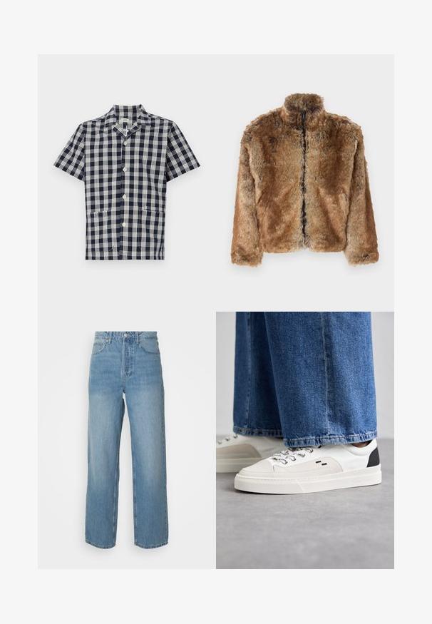 Hnědá falešná kožešinová bunda s vysokým límcem, plným zipem vpředu a dlouhými rukávy. Texturovaný povrch s jemným leskem.; Kratká košile s krátkým rukávem v námořnické a bílé kostkované vzoru, vyrobená z měkké tkaniny, s knoflíkovou přední částí a dvěma předními kapsami.; Světle modré džíny s vysokým pasem, rovnými nohavicemi, předním zapínáním na knoflík a pěti kapsami na jednobarevném pozadí.; Bílé a černé tenisky s hladkým koženým svrškem, texturovanými akcenty a robustní bílou podešví. Mají klasický design se šněrováním.