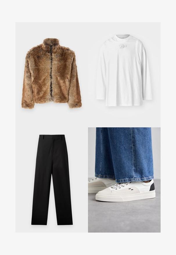 Ruskea tekokarvainen takki, jossa on korkea kaulus, täyspitkä vetoketju ja pitkät hihat. Teksturoitu pinta, jossa on pehmeä kiilto.; Feng Chen Wang DECONSTRUCTION UNISEX - Pitkähihainen paita - white; Mustat puuvillapantsit suoralla lahkeella, joissa on etupuolen nappikiinnitys ja sivutaskut. Kuitenkin sileä pinta, ilman kuvioita.; Valkoiset ja mustat tennarit, joissa on sileä nahkapäällinen, tekstuuriakcentit ja paksu valkoinen pohja. Varustettu klassisella nauhakiinnityksellä.