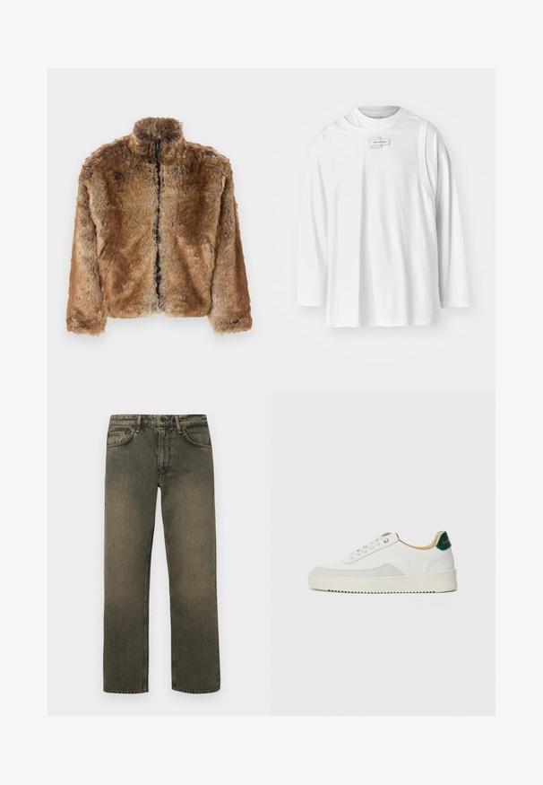 Bruine nep bontjack met een hoge kraag, volledige rits aan de voorkant en lange mouwen. Gelaagde oppervlakte met een zachte glans.; Feng Chen Wang DECONSTRUCTION UNISEX - Longsleeve - white; Groenachtig-bruin relaxte jeans met rechte pijpen, voorzien van vijf zakken, een knoop- en ritsluiting, en een vervaagde textuur.; Witte sneaker met suède accenten, ronde neus, platte veters en een crème rubberen zool. Bevat groene branding op de hiel.