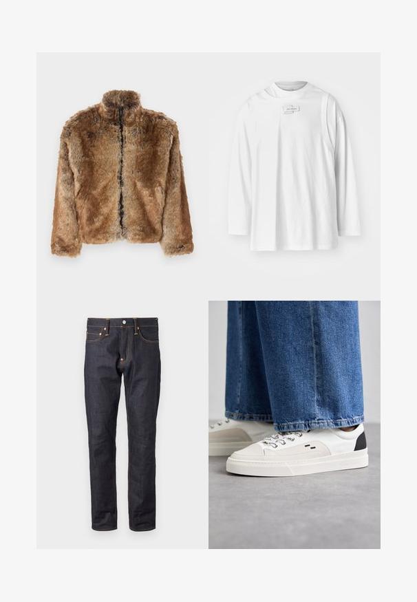 Brūns mākslīgās kažokādas žakets ar augstu apkakli, pilnu rāvējslēdzēju priekšā un garām piedurknēm. Strukturēta virsma ar maigu spīdumu.; Feng Chen Wang DECONSTRUCTION UNISEX - Tops ar garām piedurknēm - white; Evisu SEAGULL PRINTED JEANS - Pieguloša piegriezuma džinsi - blue denim; Balti un melni apavi ar gludu ādas virsu, teksturētiem akcentiem un masīvu baltu zoli. Iespējojot klasisku šņorējamu dizainu.