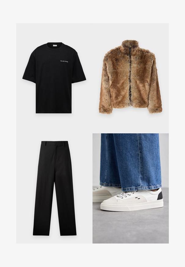 Ruskea tekokarvainen takki, jossa on korkea kaulus, täyspitkä vetoketju ja pitkät hihat. Teksturoitu pinta, jossa on pehmeä kiilto.; Mustat puuvillapaita, jossa on rento istuvuus, lyhythihaiset ja valkoinen "FILLING PIECES" -logo vasemmassa rinnassa. Sileä tekstuuri.; Mustat puuvillapantsit suoralla lahkeella, joissa on etupuolen nappikiinnitys ja sivutaskut. Kuitenkin sileä pinta, ilman kuvioita.; Valkoiset ja mustat tennarit, joissa on sileä nahkapäällinen, tekstuuriakcentit ja paksu valkoinen pohja. Varustettu klassisella nauhakiinnityksellä.