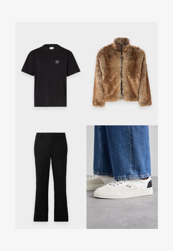 Barna műszőrméből készült dzseki magas gallérral, teljes cipzárral az elején és hosszú ujjakkal. Textúrált felület, amely lágy fényességgel rendelkezik.; Fekete pamut póló kerek nyakkal és rövid ujjakkal. Bal mellen egy kis kék logó található. Egyszerű, egyenes szabású dizájn.; Fekete, harang fazonú nadrág, pamut keverékből készült, gombos záródással, övhurkokkal és sima textúrával, látható minták nélkül.; Fehér és fekete sportcipők sima bőrből készült felsőrésszel, texturált díszítésekkel és vastag fehér talppal. Klasszikus fűzős kivitel jellemzi.