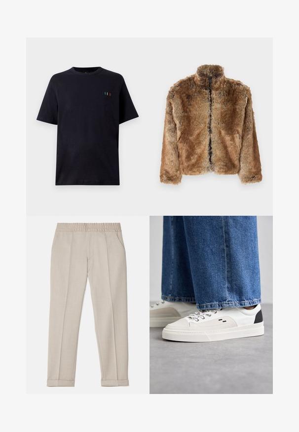 Brown faux fur jacket with a high collar, full zip front, and long sleeves. Textured surface with soft sheen.; Black short-sleeve t-shirt made from soft cotton, featuring a small embroidered accent with vertical lines in blue, green, and red.; Filippa K TERRY CROPPED TROUSERS - Trousers - sage melange; White and black sneakers with a smooth leather upper, textured accents, and a chunky white sole. Features a classic lace-up design.