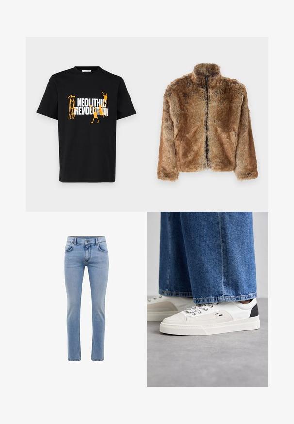 Ruda dirbtinė kailio striukė su aukštu apykaklės, visiškai užtraukiama priekyje ir ilgomis rankovėmis. Tekstūruotas paviršius su švelnia blizgesiu.; Juodas medvilninis marškinėliai su grafikiniu spausdinimu, kuriame yra tekstas "NEOLITINĖ REVOLIUCIJA" baltos ir oranžinės spalvų, vaizduojantis stilizuotus figūras.; Šviesiai mėlynos džinsinės kelnės su siauromis kojomis, penkiais kišenėmis ir tiesiomis kojomis. Su užtrauktuku ir diržo kilpomis. Švelnus paviršius.; Balti ir balti sportbačiai su lygaus odos paviršiumi, tekstūruotais akcentais ir masyviu baltu padu. Turi klasiką primenančią raištelių užsegimo sistemą.