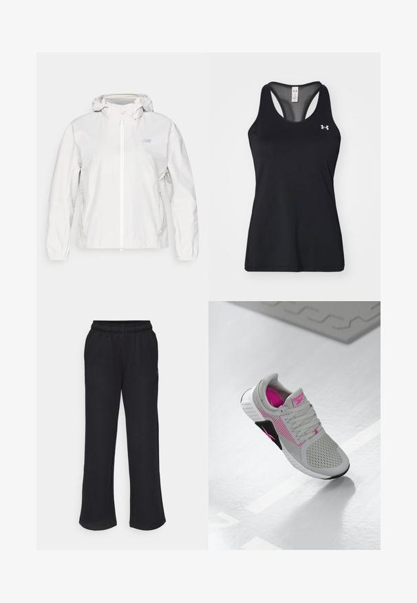 Biela ľahká bunda s plným zipsom, kapucňou, elastickými manžetami a dvomi bočnými vreckami. Má nenápadné logo na hrudi.; Čierny športový tielko s textúrovanou tkaninou, dizajnom s pretekárskym chrbtom a jemným logom na hrudi. Ľahký a priedušný materiál.; Čierne tepláky s rozšíreným strihom, elastickým pásom a bočnými vreckami. Vyrobené z mäkkej látky bez viditeľných vzorov alebo akcentov.; Šedé a ružové športové tenisky Reebok s priedušnou vrchnou časťou a detailnou podrážkou, vystavené na lesklom bielom povrchu.
